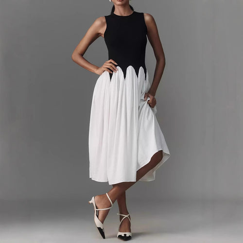 Damen Ärmelloses Midikleid mit tailliertem Ripp-Oberteil und fließendem Stufenrock Shop Nory