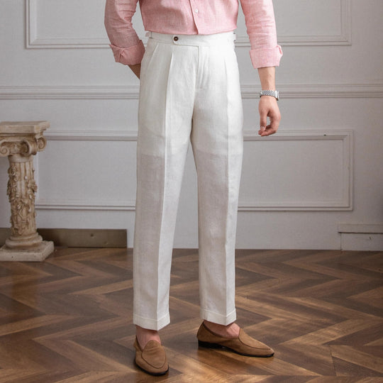 Herren Leinenhose mit hoher Taille, Bundfalten und verstellbarem Seitenriegel Shop Nory