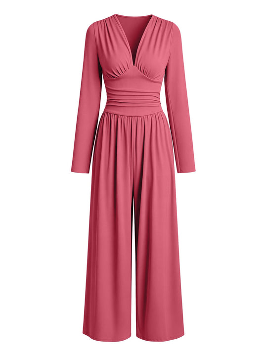 Damen Eleganter V‑Ausschnitt Jumpsuit mit tailliertem Wickelbund und weitem Hosenbein Shop Nory