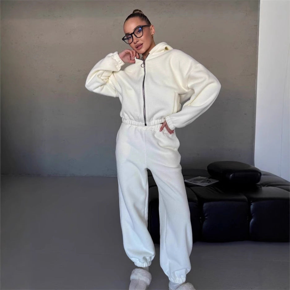 Damen kuscheliges Fleece-Hoodie und Jogginghose Lounge-Set mit Reißverschluss Kapuze elastischem Bund Shop Nory