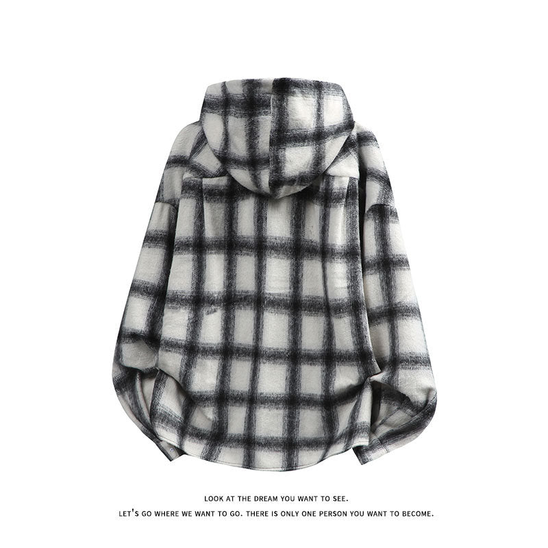 Unisex oversized Kapuzen-Hemdjacke aus Flanell mit Karomuster und Brusttasche Shop Nory