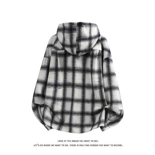 Unisex oversized Kapuzen-Hemdjacke aus Flanell mit Karomuster und Brusttasche Shop Nory