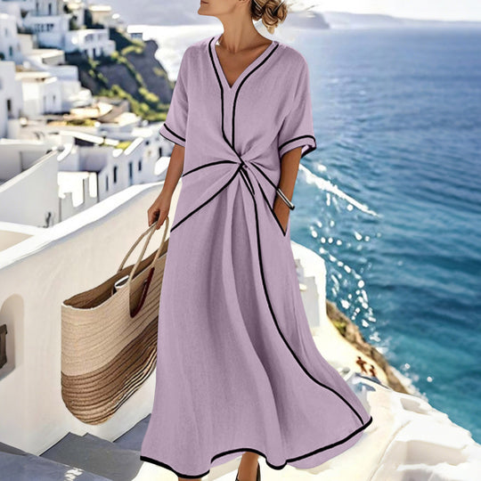 Damen Langes A-Linienkleid mit V‑Ausschnitt, Knoten-Detail und Kontrastpaspel Shop Nory
