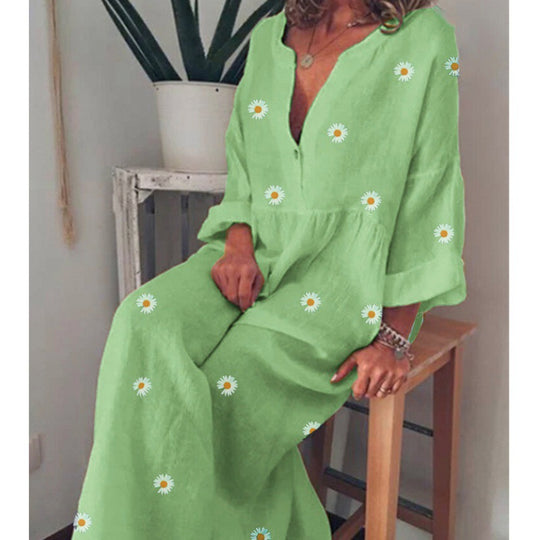 Damen Langes Leinenoptik Maxikleid mit tiefem V‑Ausschnitt, lockerer Empire‑Taillierung und Margeritenprint Shop Nory