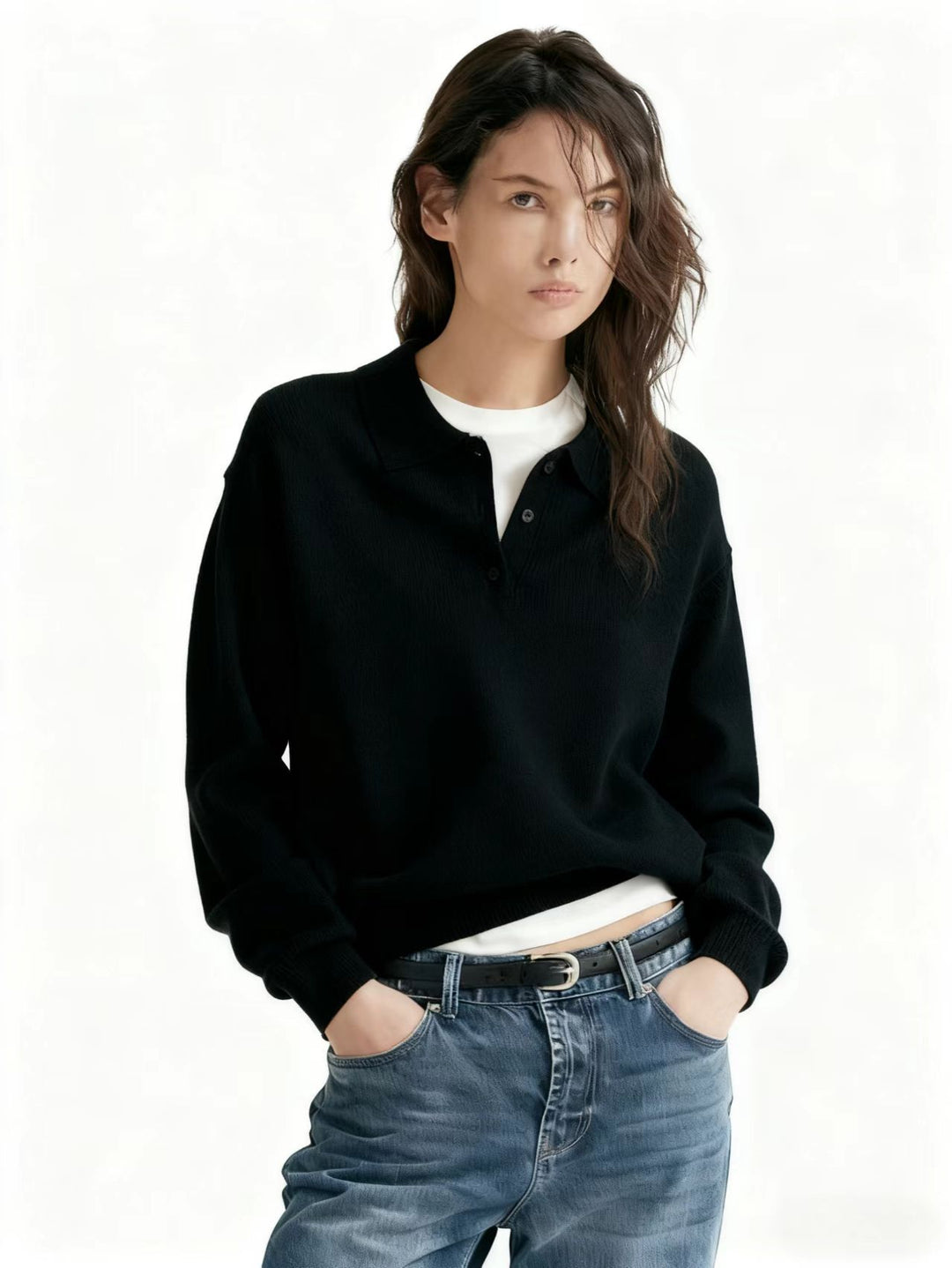 Damen Feinstrick-Polo-Sweater mit Knopfleiste und geripptem Saum Shop Nory