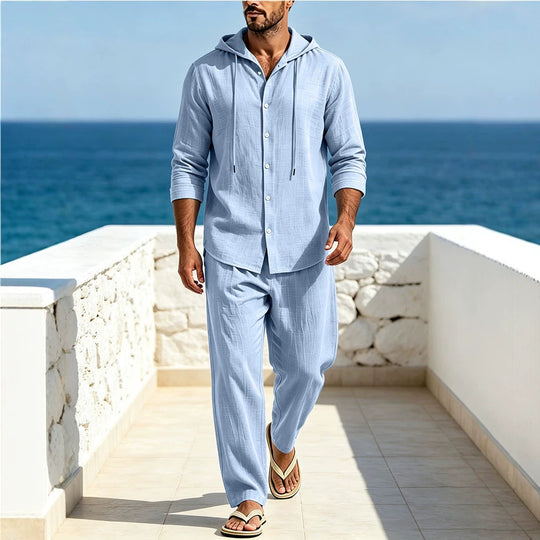 Herren Atmungsaktives Baumwoll-Gauze Loungewear-Set mit Kapuzenhemd und weiten Sommerhosen Shop Nory
