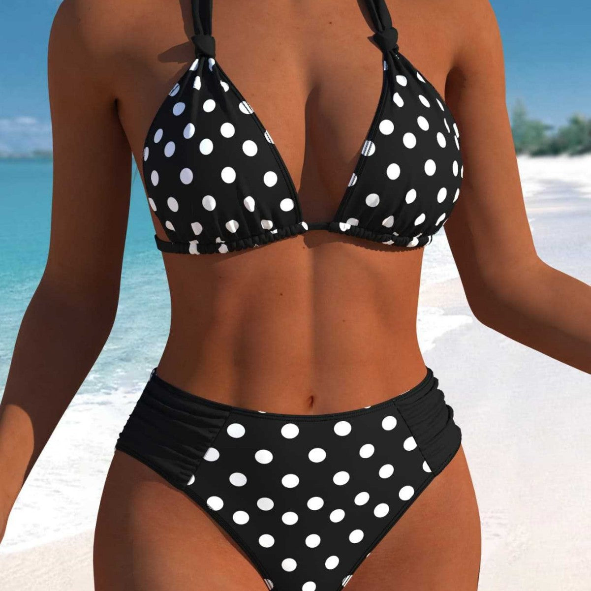 Damen Hochgeschnittener Triangel-Bikini mit punktiertem Design und verstellbaren Trägern
