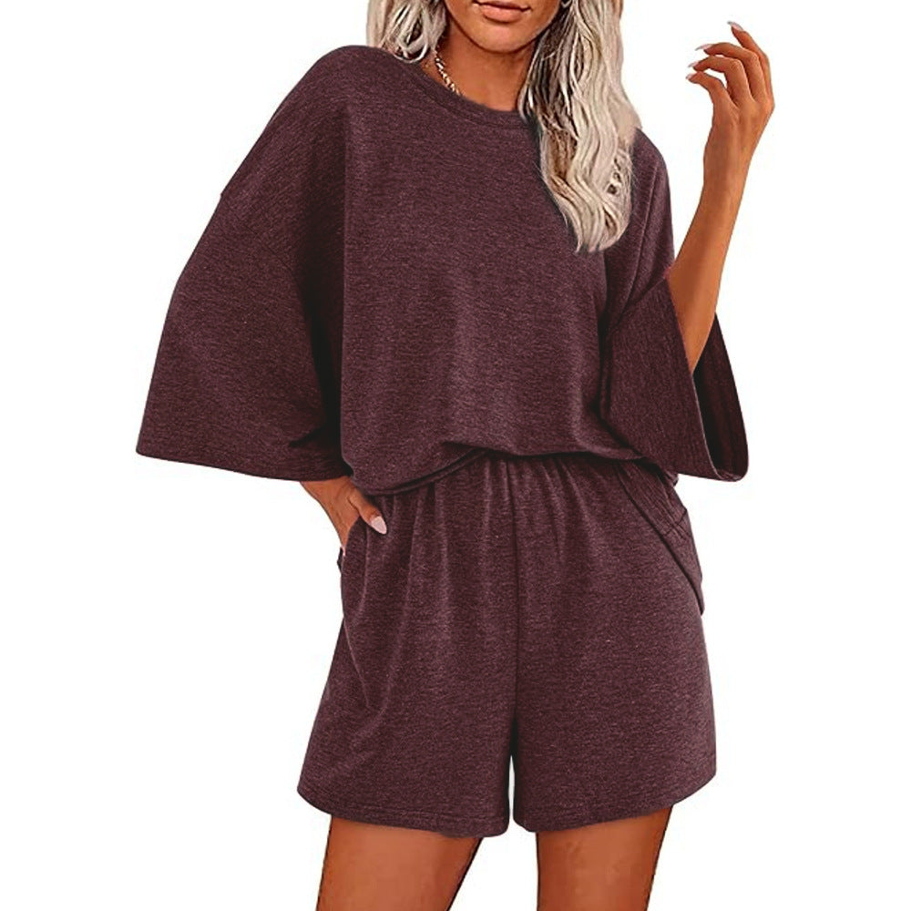 Damen Oversized Fledermaus Kurzarm Lounge Oberteil und Shorts Set mit Elastischem Bund Shop Nory