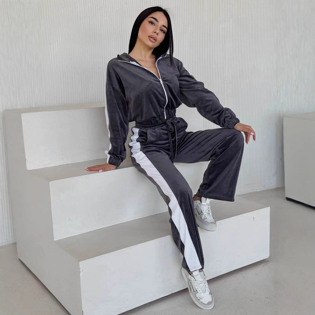 Damen weiches Samt Trainingsanzug Set mit Reißverschlussjacke und elastischer Tunnelzughose Shop Nory