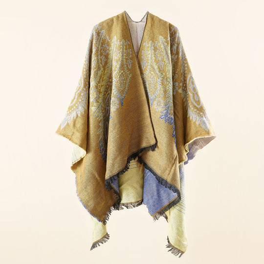 Damen Reversibler Jacquard-Wickelponcho im Oversize-Kaftan mit Fransensaum Shop Nory