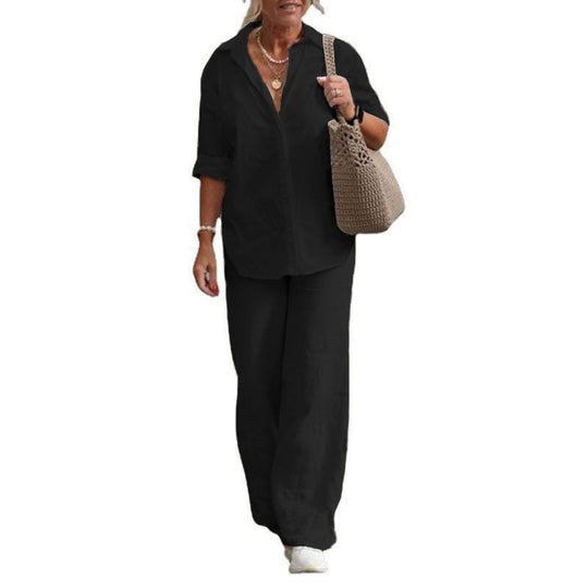 Damen Leichtes Leinen-Optik Zweiteiler mit Oversize-Hemd und weiter Palazzohose Shop Nory