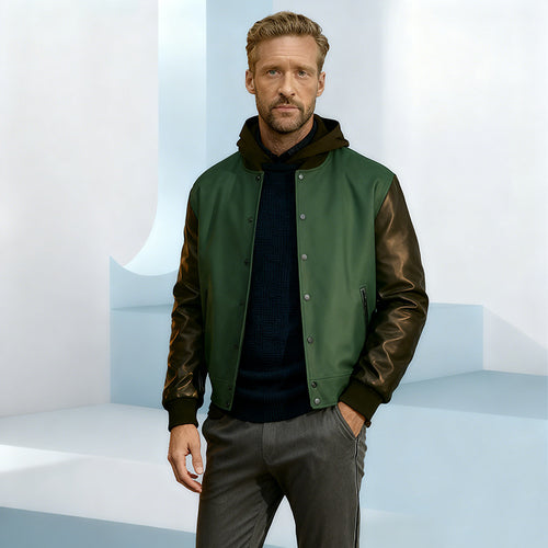 Herren Varsity‑Bomberjacke im College‑Stil mit Wollkörper und Lederärmeln Shop Nory