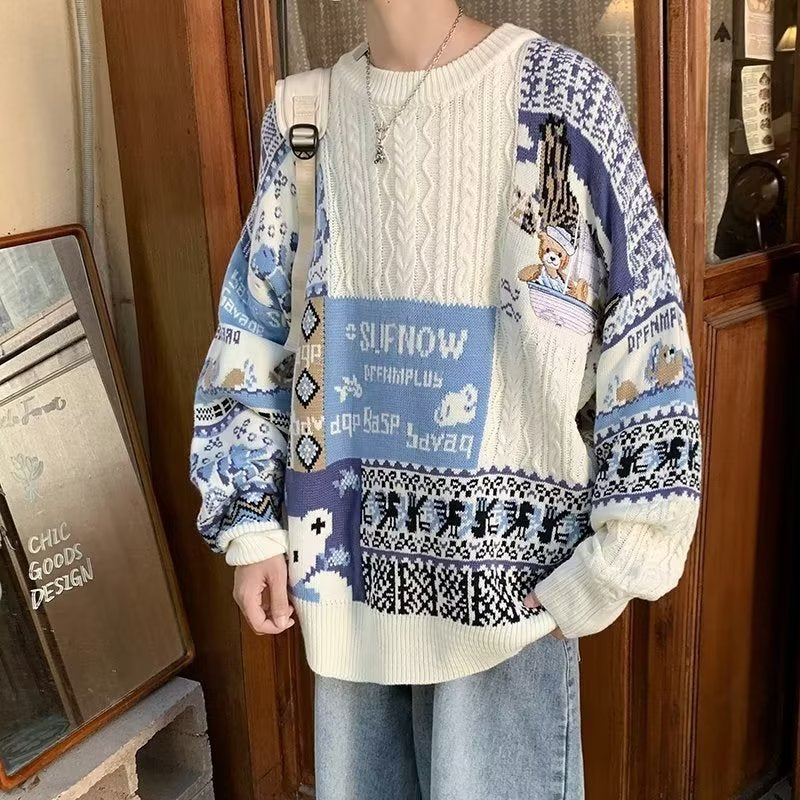 Herren Gemütlicher Grobstrickpullover mit buntem Patchwork Shop Nory