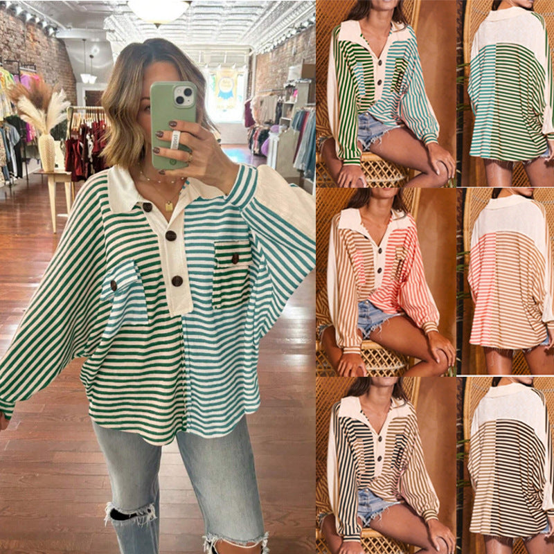 Damen Oversize-Hemdbluse mit kontrastrevers, Streifenmuster und Volumenärmeln Shop Nory