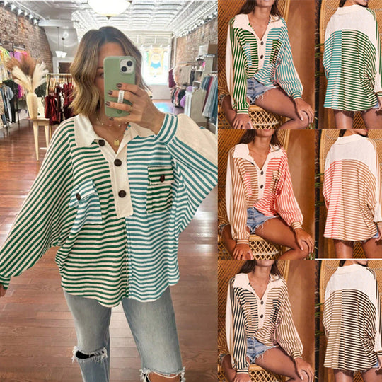 Damen Oversize-Hemdbluse mit kontrastrevers, Streifenmuster und Volumenärmeln Shop Nory