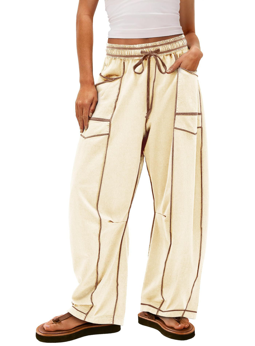 Damen weite Cargo-Loungehose mit elastischem Bund und Kontrastnähten Shop Nory