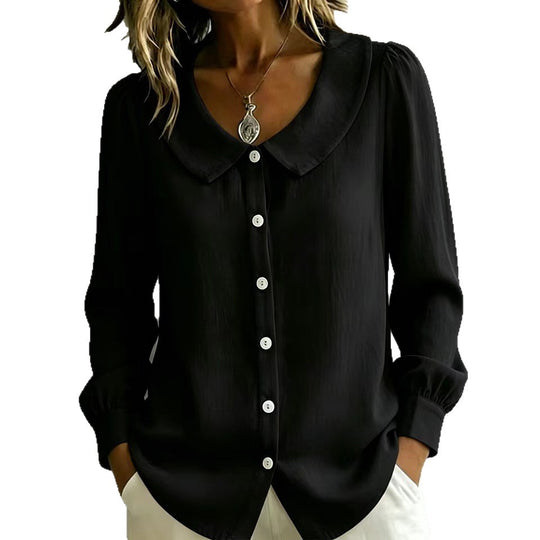 Damen Locker geschnittene Bluse mit Rundkragen, Puffärmeln und Perlmuttknopfleiste Shop Nory