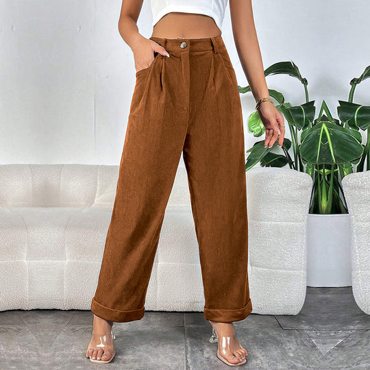 Damen hochgeschnittene Cordhose mit weitem Bein, Bundfalten und umgeschlagenem Saum Shop Nory