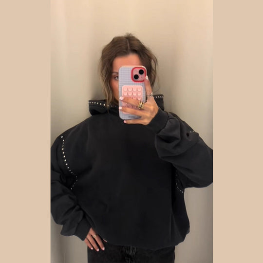Damen Oversized Kapuzenpullover mit Nietenbesatz und Ballonärmeln Shop Nory
