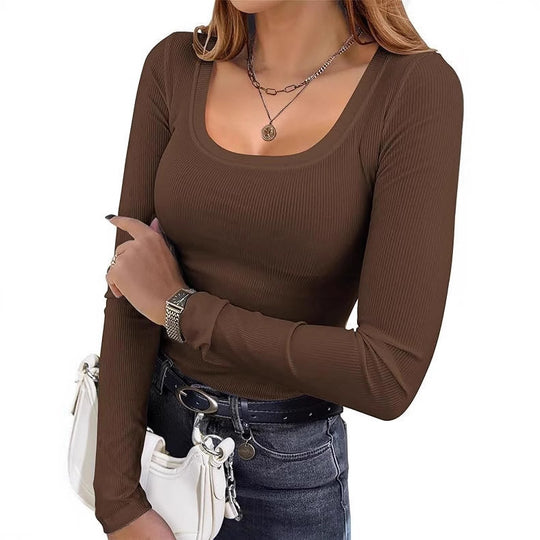 Damen Figurnahes geripptes Longsleeve mit weitem Quadratausschnitt und Stretch-Material Shop Nory