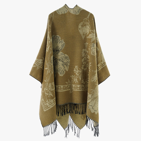 Damen Rechteckiger Jacquard-Überwurf mit floralem Allovermotiv und Fransensaum Shop Nory