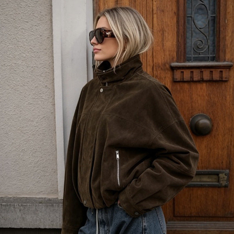 Damen Boxy-Suede-Bomberjacke mit hohem Stehkragen und elastischem Saum Shop Nory