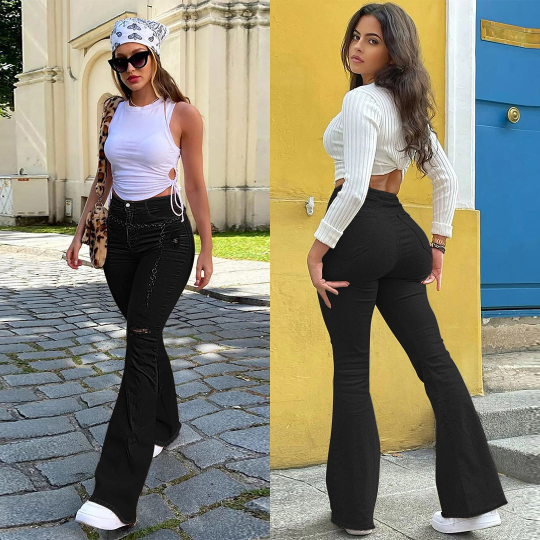 Damen Schmal geschnittene Schlagjeans mit knieoffenen Cutouts und formendem Komfortbund Shop Nory