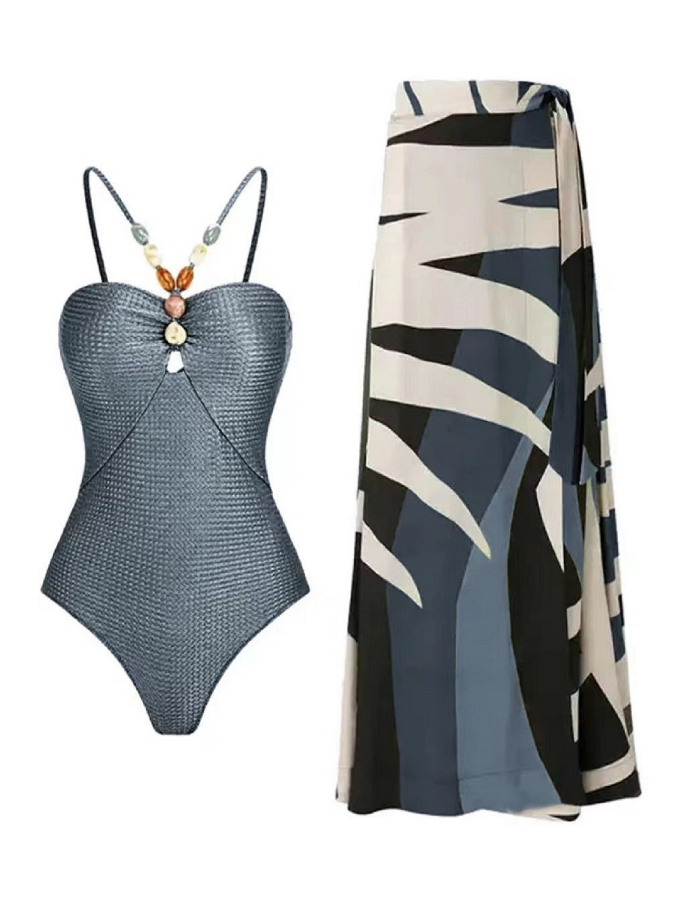 Damen Badeanzug mit elegantem Wickelrock und modischen Schmuckdetails