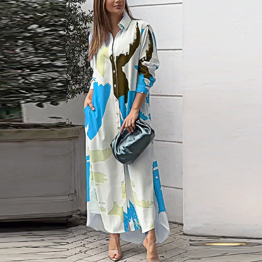 Damen Langes Hemdblusenkleid mit abstraktem Pinselprint und seitlichen Eingrifftaschen Shop Nory