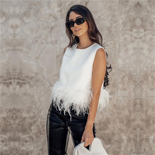 Damen Elegantes Top mit Federn und Rundhalsausschnitt