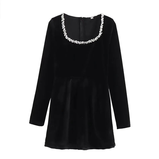 Damen Samt‑Minikleid mit quadratischem Ausschnitt, Perlenblütenbesatz und A‑Linien‑Silhouette Shop Nory