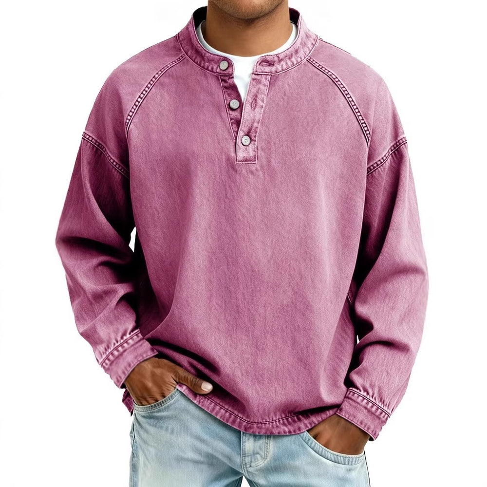 Herren Langarm-Henley Sweatshirt mit Stehkragen und Vintage-Denim-Effekt Shop Nory