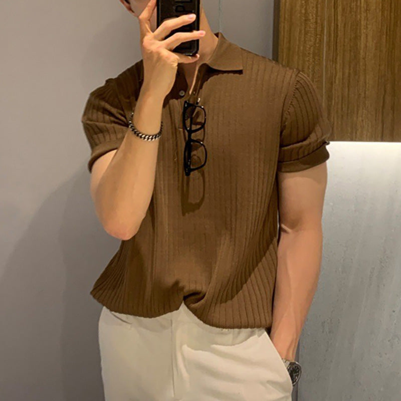 Herren nan schmal geschnittenes geripptes Poloshirt aus Feinstrick mit Kurzarm und Polokragen