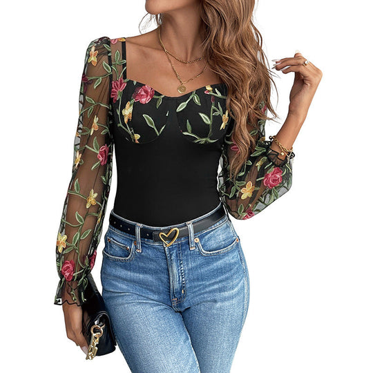 Damen Figurformender Mesh-Body mit Korsettoptik, Balconette-Ausschnitt und bestickten Transparentärmeln Shop Nory