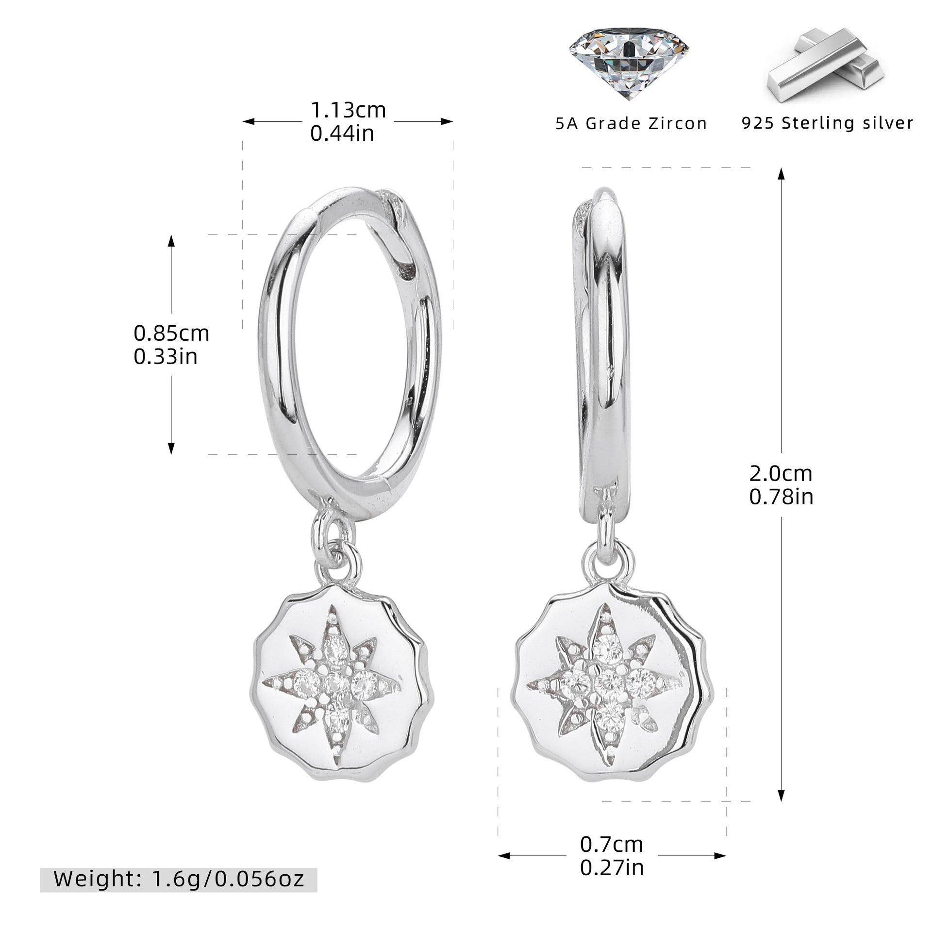 Damen Ohrhänger mit funkelndem Zirkon-Sternanhänger aus 925 Sterling Silber Shop Nory