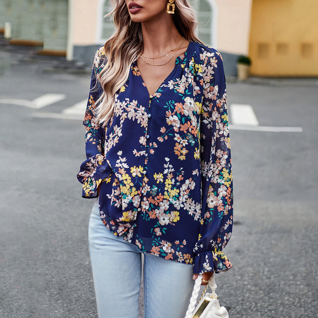 Damen nan Chiffon-Bluse mit floralem Alloverprint, V-Ausschnitt, Knopfleiste und gebundenen Manschetten Shop Nory