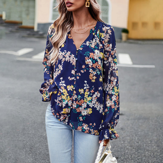 Damen nan Chiffon-Bluse mit floralem Alloverprint, V-Ausschnitt, Knopfleiste und gebundenen Manschetten Shop Nory