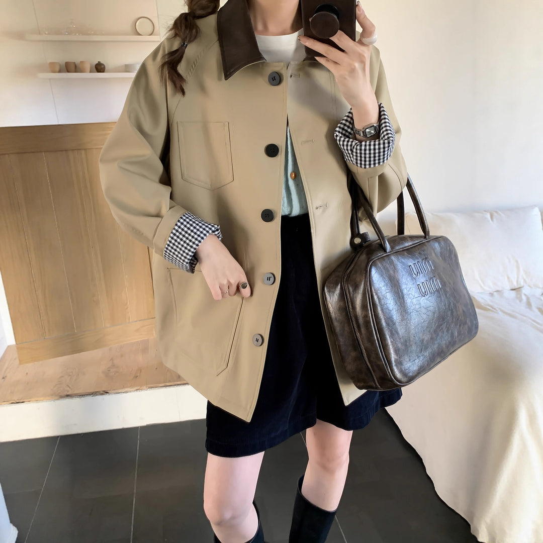 Damen Leichte Oversize-Übergangsjacke mit Kontrastkragen und kariertem Ärmelsaum Shop Nory