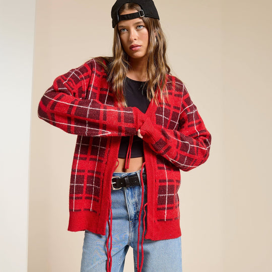 Damen Oversize Karierter Strickcardigan mit Bindegürtel & aufgesetzten Taschen Shop Nory