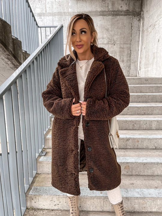 Damen Lange Teddy Faux-Shearling Knopf-Front Mantel mit Reverskragen Shop Nory