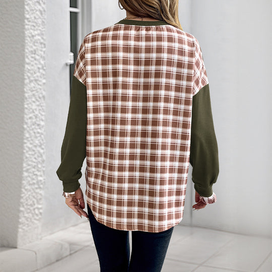 Damen Lässiges Rundhals-Sweatshirt mit Karomuster‑Einsätzen und gerafften Manschetten Shop Nory