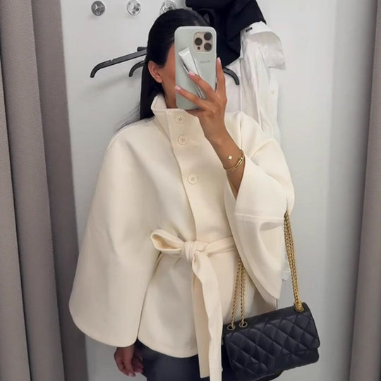 Damen Elegantes Woll-Cape mit Taillengürtel, Stehkragen und verdeckter Knopfleiste Shop Nory