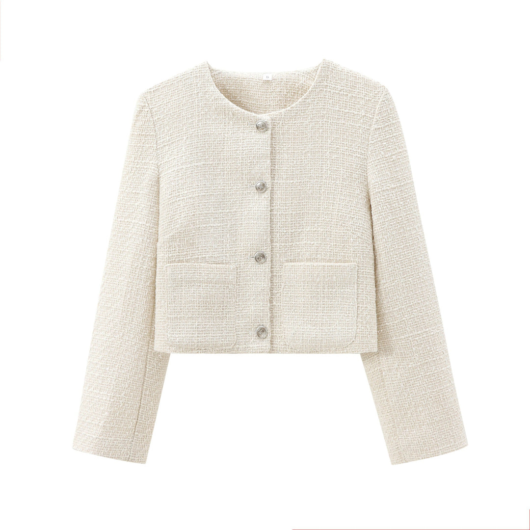 Damen elegante Kurzjacke im strukturierten Tweed-Stil mit praktischen Taschen