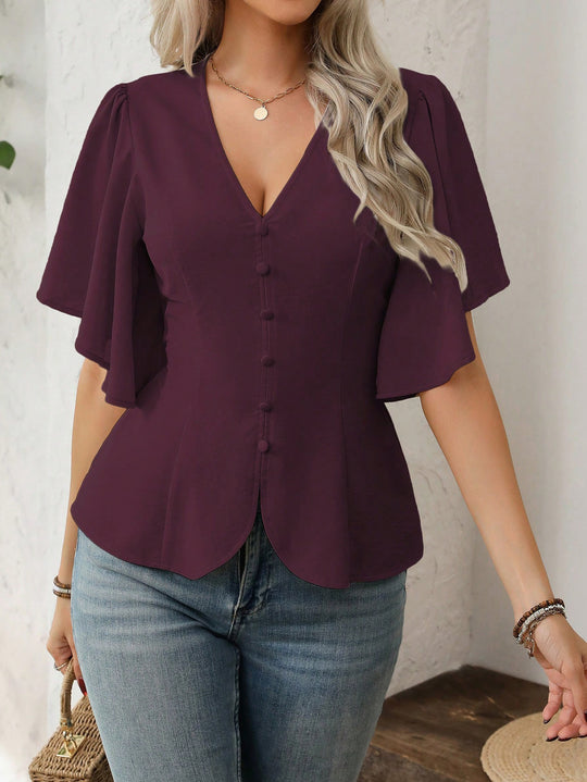Damen V-Ausschnitt taillierte Bluse mit Schößchen und Volantärmeln Shop Nory