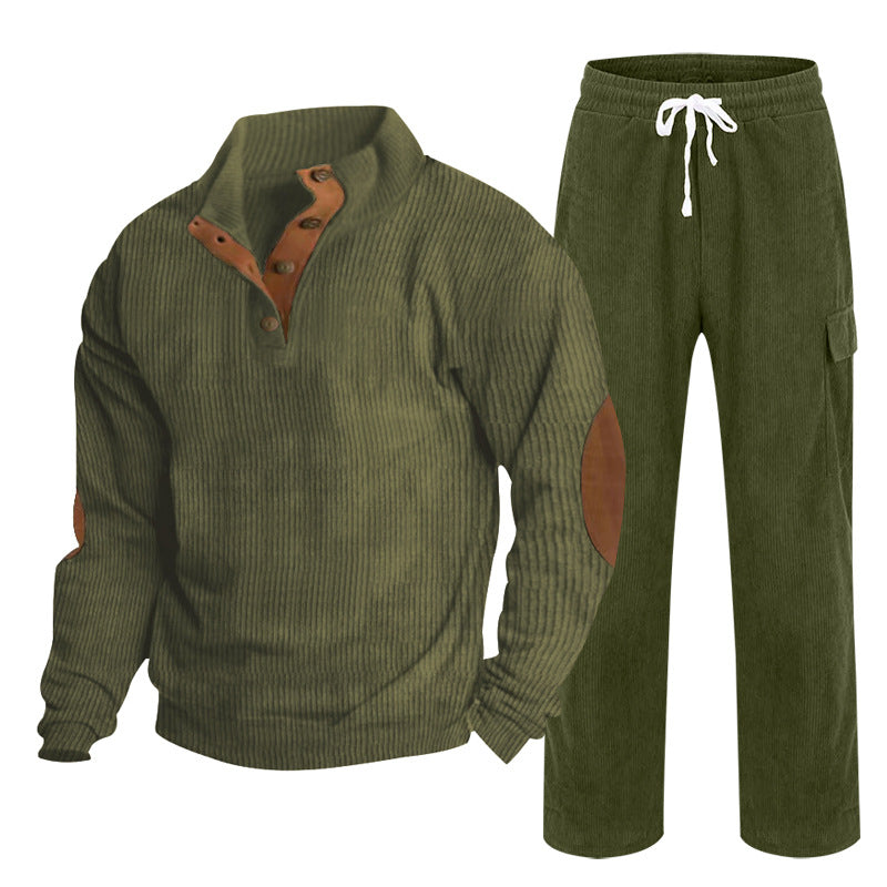Herren Gemütliches Freizeit-Set aus Waffelstrick-Henley mit Ellenbogenpatch und Relax-Cargo-Hose Shop Nory