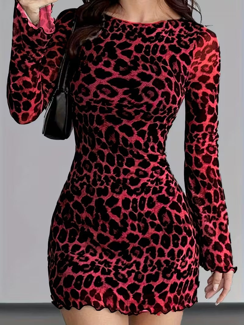 Damen nan figurbetontes Mesh-Minikleid mit Leopardenmuster, langärmligem Bodycon-Schnitt und gewelltem Saum Shop Nory