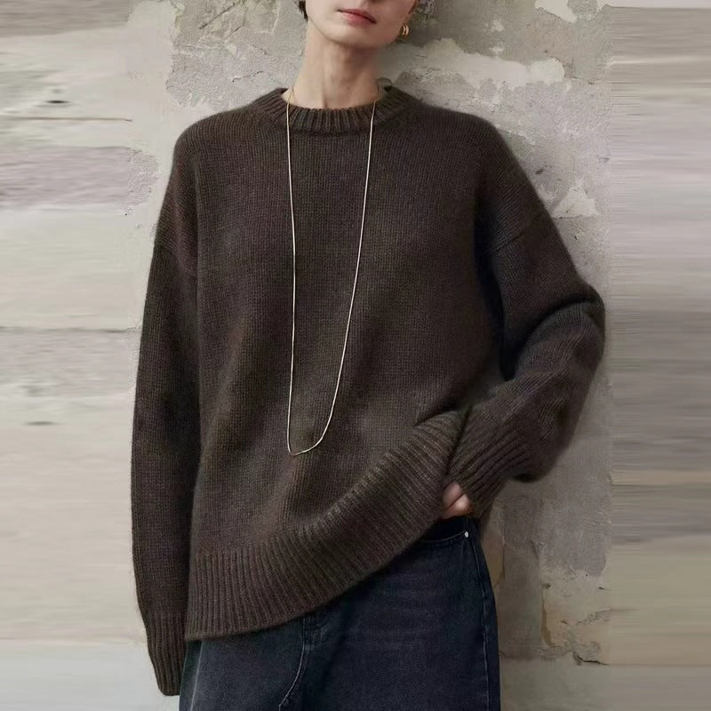 Damen Oversize-Feinstrickpullover mit Rundhals, fallender Schulter und geripptem Saum Shop Nory