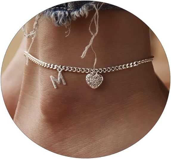 Damen Fußkettchen mit personalisiertem Buchstaben und funkelndem Herzanhänger Shop Nory