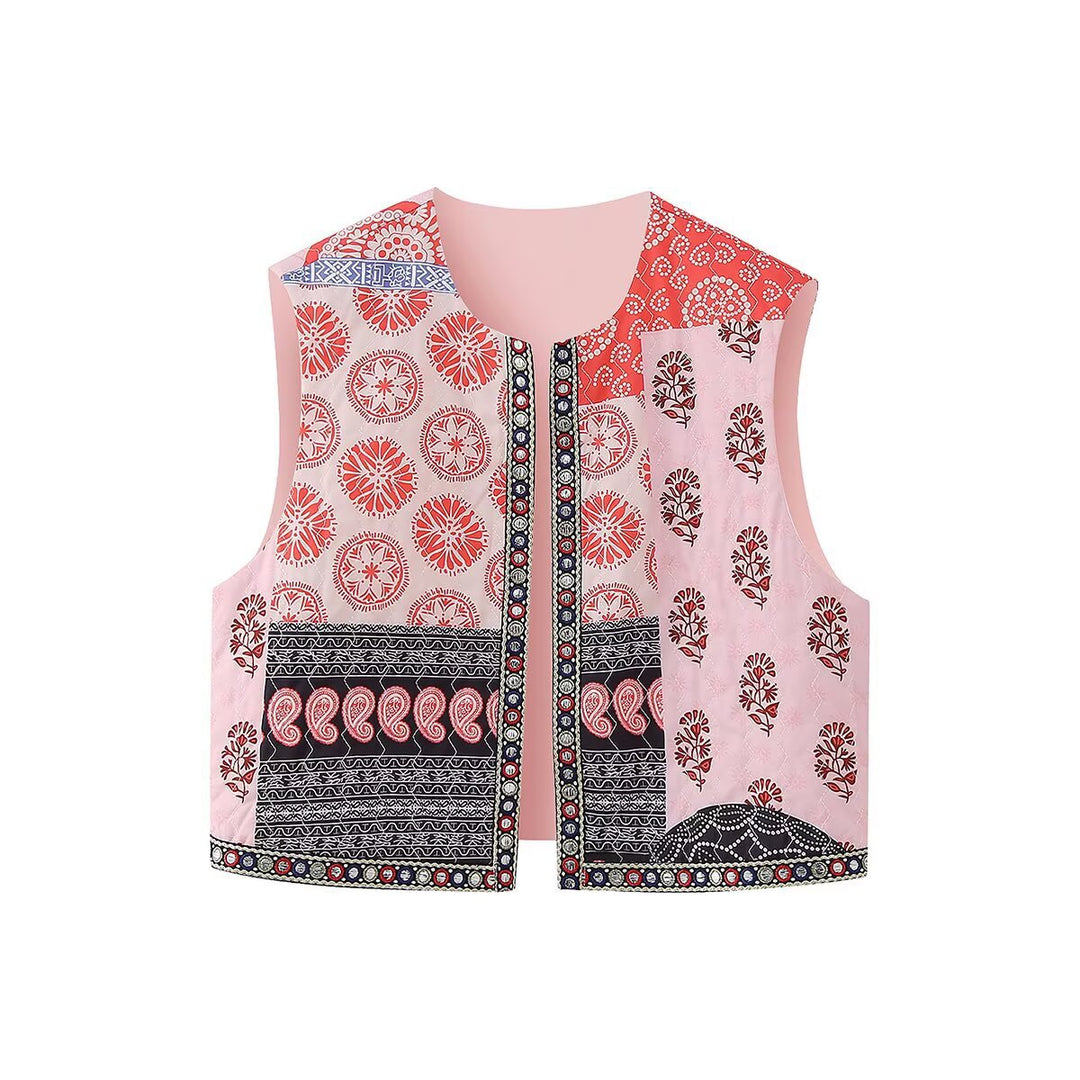 Damen Ärmellose Kurz-Weste mit Patchwork-Print, dekorativer Bordüre und Rundhalsausschnitt Shop Nory