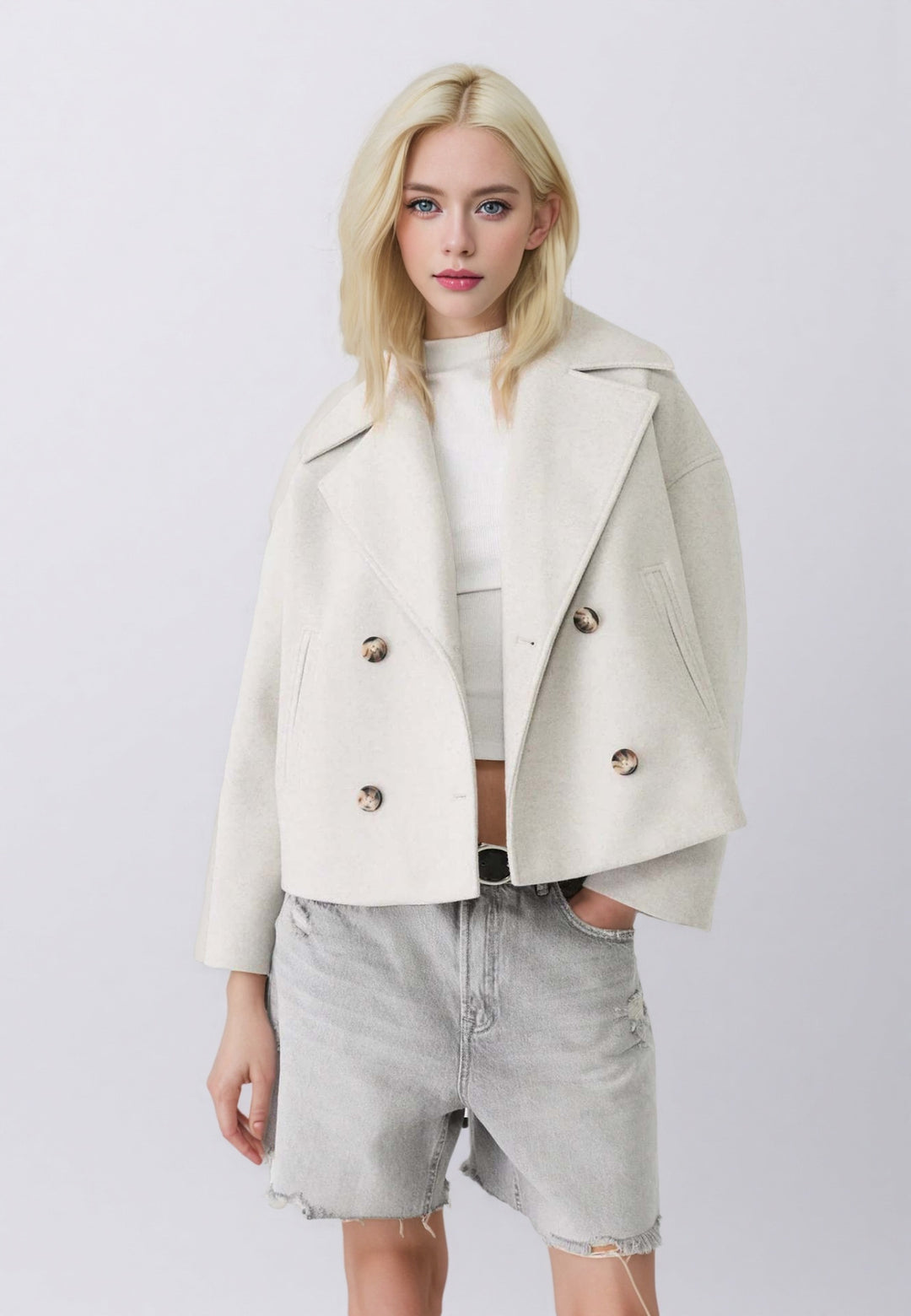 Damen nan kurzes doppeltreihiges Wollmix-Manteljacke im Boxy-Cut mit weitem Reverskragen Shop Nory